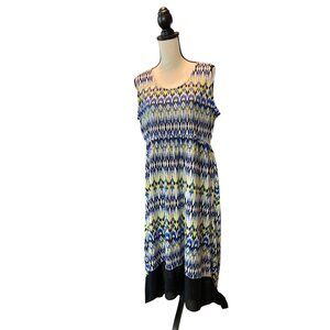 Kim Rogers Womens PXL Sleeveless Midi Dress Blue/Yellow Ikat Pattern Beach Boho